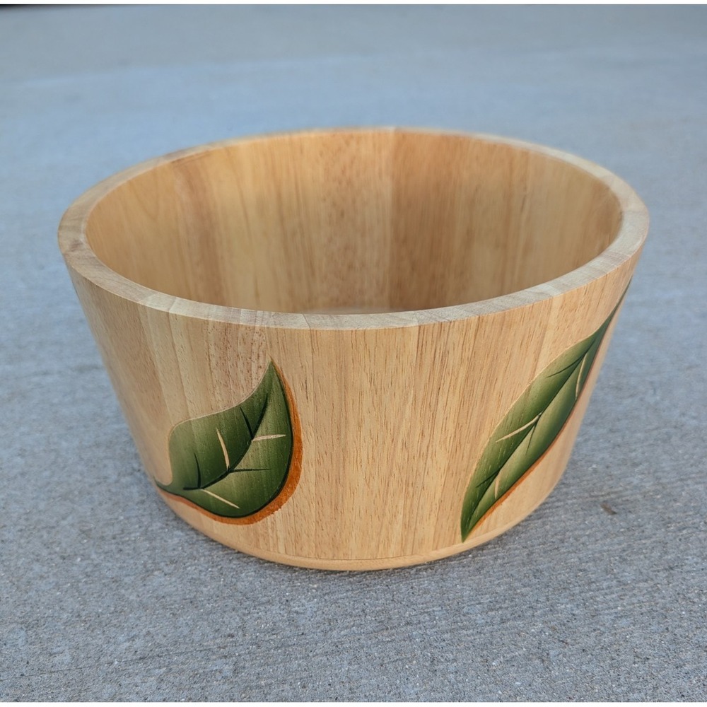 Vintage Clay Art Wooden Salad Bowl Hand Painted Green Leaves Serving Large 2001 - Picture 1 of 6